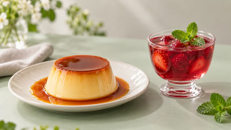 Visual konsep sajian pudding karamel dan jelly buah