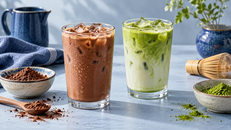 Visual konsep sajian minuman cokelat dan matcha