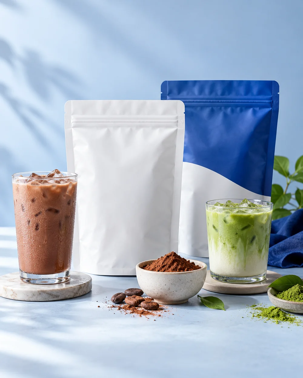 Visual konsep kemasan serbuk dengan sajian minuman cokelat dan matcha