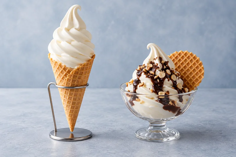 Visual konsep soft ice cream vanila dan topping cokelat