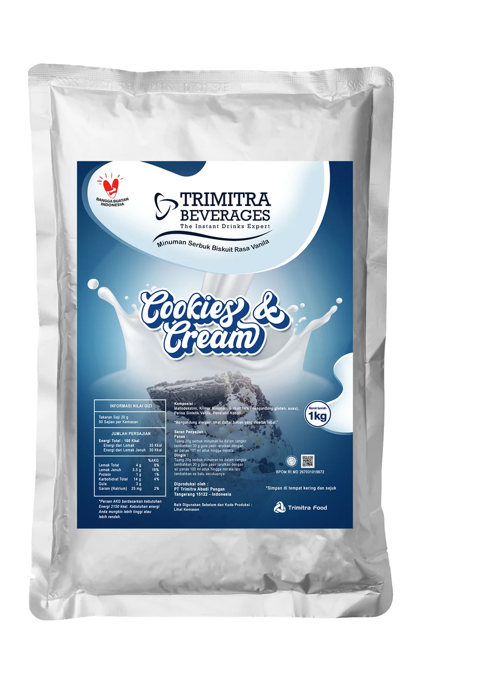 Kemasan minuman serbuk Cookies and Cream Trimitra Beverages